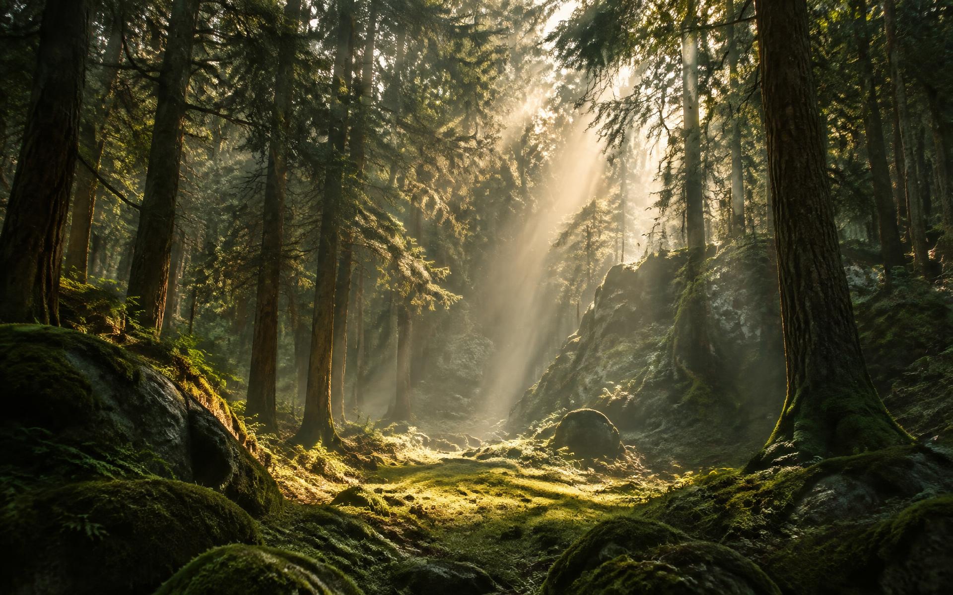 Sunlight breaking through tall trees into a mossy forest clearing