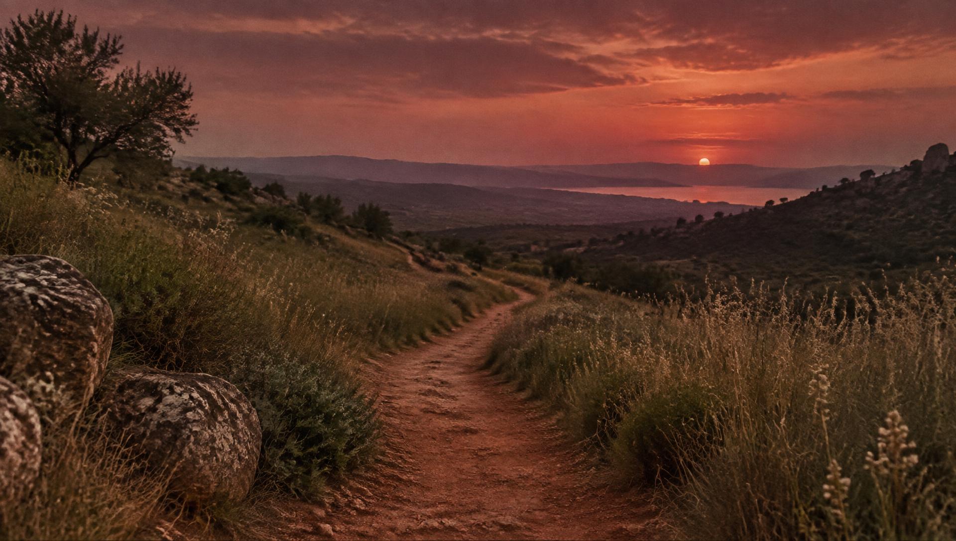 A narrow footpath through tall grasses opening toward a distant horizon at dusk